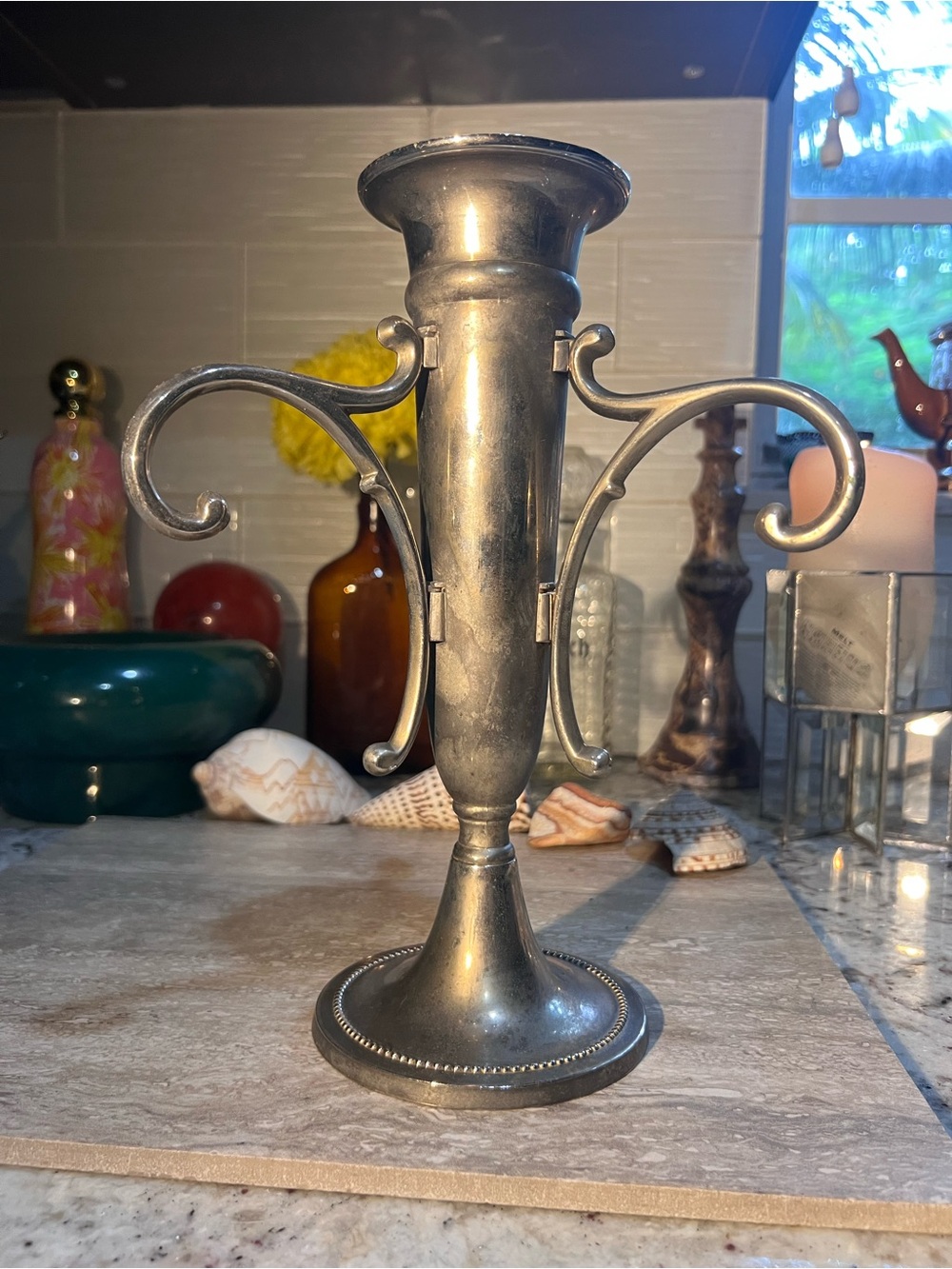 Unique Vintage Silver Metal Urn Vase with Scrolled Handles